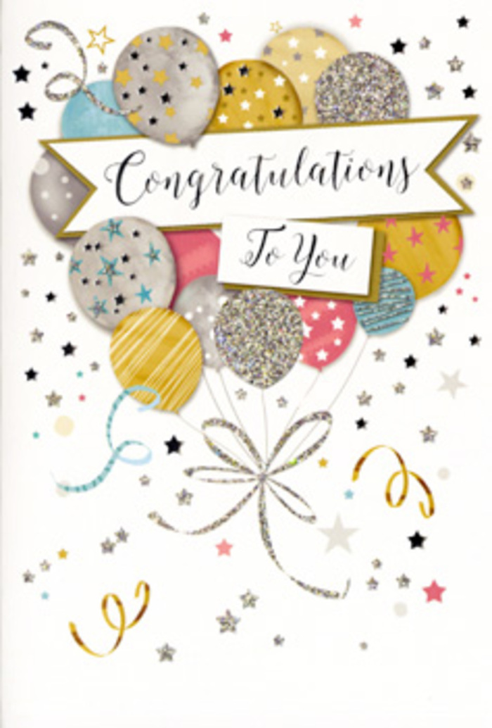 The image shows a sophisticated congratulations card that feels like a miniature celebration, styled with the same attention to detail a florist brings to arranging a bouquet for a special moment in Bexley. At the centre, a cluster of balloons rises upward in a loose, organic shape, overlapping slightly as if gently bumping against one another. Their colours are soft yet celebratory: muted gold and silver, champagne beige, powder blue, blush pink, and a touch of warm grey. Each balloon is patterned differently-with tiny metallic stars, fine glitter-like dots, and subtle stripes-creating a sense of layered texture reminiscent of satin ribbons and sparkling gift wrap. Slim metallic strings trail downward from the balloons, drawn in shimmering gold and silver lines that gather in a graceful knot, echoing the way we tie off a bouquet at Bexley Flowers before it leaves the shop. Around the balloons, delicate stars and curling ribbons scatter across the pale background, suggesting confetti tossed into the air at a party in a Bexley garden or living room. A softly curved banner stretches across the middle, displaying the message Congratulations To You in refined, flowing script that adds a note of formality and heartfelt sincerity. The background remains light and airy, dusted with subtle metallic flecks that catch the eye without overwhelming the design. The overall impression is one of proud, gentle joy-a card that would sit beautifully beside a vase of fresh flowers, helping mark a promotion, new qualification, or milestone birthday anywhere across Bexley, from quiet residential streets to homes near Danson Park.