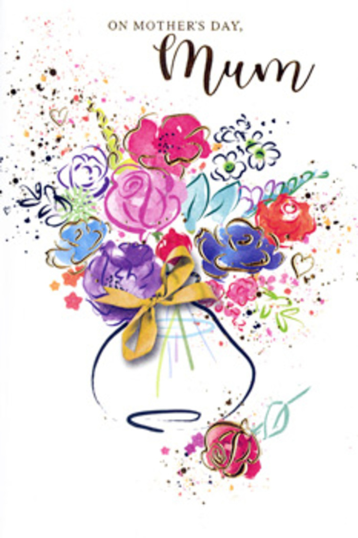 Expressive watercolour Mother's Day card illustration showing a flourishing bouquet that looks as though it was composed by an artist and florist working side by side in a Bexley studio. At its heart, luxurious blossoms in bold cerise, fuchsia, and warm rose unfold with soft, layered petals framed by fine strokes of dark indigo, lending structure without losing the loose, painterly charm. Between these larger flowers, gentle tones of lavender, powder blue, and buttery apricot weave in and out, their edges melting into each other so the colours feel like shared memories rather than separate blooms. Metallic golden highlights pick out certain petals and leaves, giving a subtle glimmer, reminiscent of evening light over the trees near Hall Place. Around the bouquet, carefree spatters of paint and small, hand-drawn hearts flicker across the white backdrop, evoking children's artwork pinned to the fridge and the joyful chaos of family life. The flowers gather in a softly rounded vase, its shape defined but understated, finished with a dainty golden bow, the kind a local florist might tie on a Mother's Day arrangement before delivering across Bexley. The overall composition balances exuberance and tenderness, capturing that deep, quiet appreciation between mother and child, and making the card feel like a keepsake bouquet that will never wilt.