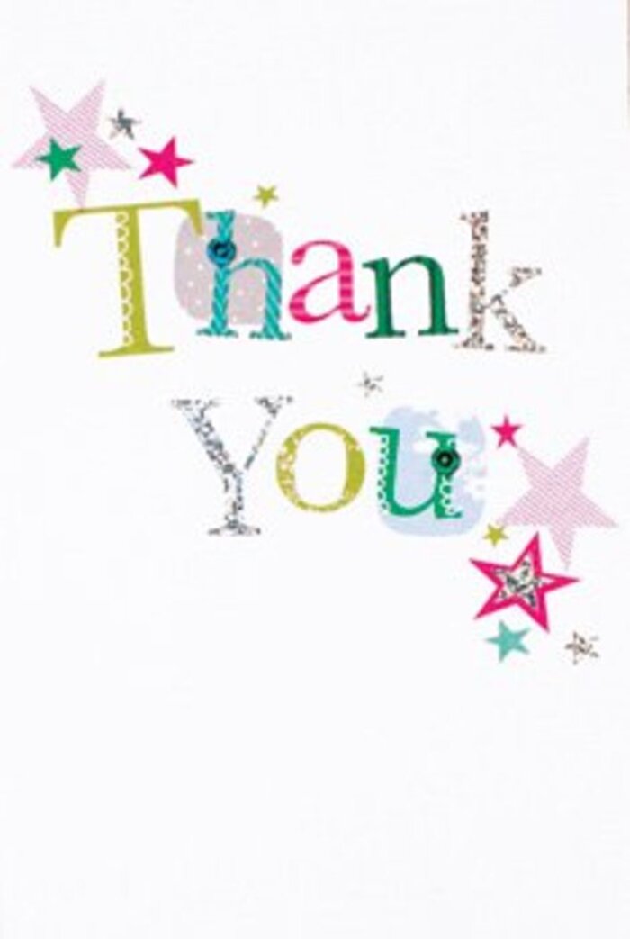 The composition of this thank-you card feels gracefully exuberant, balancing playful colour with a refined simplicity. On a spotless white background the letters of 'Thank You' stand apart, each meticulously designed: one character wears a pattern of delicate spots, another curves with a musical sweep in a cool blue, while a silvery letter reflects light with a soft, glittered sheen. Subtle stitched motifs and faint polka-dot textures give the impression of hand-applied care, and small clusters of stars - some banded in pink stripes, others saturated in deep turquoise or burnished silver - settle near the message as if bestowing extra cheer. The overall layout is airy and modern; there is space for the eye to move, and the tactile suggestion of stitched and metallic inks adds depth that a camera lens captures as a gentle relief against the white. In my work as a florist I often pair cards like this with hand-tied bouquets destined for local tables or thoughtful deliveries to neighbours in Barnehurst, Northumberland Heath, or near the high street in Welling - places where a quiet, sincere 'thank you' is always cherished. The card's understated sophistication makes it suitable for many occasions: a hostess note after a lunch, the small gratitude tucked into wedding favours, or the message accompanying flowers left with a friend. It feels like a personal keepsake - warm, light, and memorably sincere - that complements the texture and scent of fresh blooms without competing for attention.