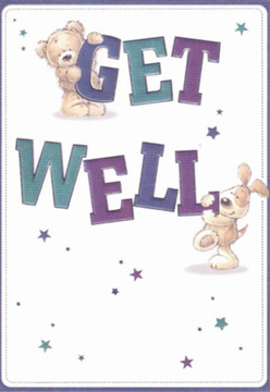A sense of reassurance and gentle hope fills this charming get well card, thoughtfully illustrated to deliver a dose of comfort for anyone in Bexley. The design centres on two lovable characters: a snuggly teddy balancing atop the friendly, indigo 'GET,' while an inquisitive puppy, tail wagging, rests by the strong teal 'WELL' beneath. Their soft, rounded forms suggest huggable plush toys, their faces brimming with joy and encouragement. Deep purples, calming teals, and hints of aqua lend the wording extra vibrancy, making the well-wishes feel tangible-a quality appreciated by thoughtful locals who seek to brighten a neighbour's day. Scattered stars, painted in shades reminiscent of a Bexley twilight, dot the crisp white backdrop, each one representing a glimmer of hope and the magic of recovery. The clean, uncluttered composition breathes a sense of clarity and hope, just as a fresh bouquet from Bexley Flowers lifts spirits with every careful selection. For anyone sending or receiving this card in the community-from Sidcup to Welling-it serves as a gentle reminder that care can come in many forms, and that nurturing moments are woven into the very fabric of daily life here.