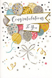 This congratulations card is presented like a festive still life, capturing the spirit of a joyful announcement being shared across Bexley. A bouquet of illustrated balloons floats in the centre, each balloon full and rounded, shaded in soft gold, silver, champagne, sky blue, blush pink, and a hint of grey. Their surfaces are decorated with glitter-like specks, delicate stripes, and tiny stars, so they appear to glimmer as though lit by warm indoor lighting at a home celebration. Slender strings of metallic gold and silver descend from the balloons, meeting in a gentle knot that gives the composition a sense of grounding, much like the tidy bow at the base of a hand-tied bouquet. Around this central cluster, swirling ribbons and scattered star shapes drift against a pale, uncluttered background, suggesting confetti suspended mid-air after a cheerful shout of well done. Across the centre, a soft, ribbon-like banner stretches horizontally, bearing the words Congratulations To You in a smooth, elegant script that feels both personal and polished. The colours and metallic details work together to create a look that's glamorous without being loud, suitable for any age or occasion-from exam success to a new job or retirement party. It has the same heartfelt tone as delivering fresh flowers to a doorstep near Bexley High Street or a quiet cul-de-sac, bringing with it the shared pride and happiness of friends and family who want to mark a special achievement in a thoughtful, lasting way.