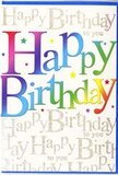 In this image, a bold and colourful birthday card stands upright, radiating joy like a freshly arranged birthday bouquet ready for delivery across Bexley. The centre of the design showcases the words Happy Birthday in large, friendly letters that sweep across the card from left to right. Each letter glows with a different shade, moving seamlessly through a rainbow-intense crimson, playful pinks, apricots, sunny yellows, lime greens, sea blues, and velvety purples-giving the impression of colour poured from one letter to the next. The effect feels similar to looking at a row of mixed blooms in a Bexley florist's window, where every stem contributes to a harmonious whole. Behind this lively headline, the background is fully covered with a repeated phrase, Happy Birthday to you, written in fine, elegant gold script. The handwriting curls and loops with a light touch, and the metallic ink or glitter picks up the light gently, creating a soft shimmer whenever the card is moved, like flickering birthday candles at a family gathering near Danson Park. Small stars and colourful dots are scattered subtly around the main text, hinting at confetti falling through the air without making the design feel crowded. The overall finish appears smooth and semi-gloss, with the gold elements slightly more reflective than the surrounding colours. No flowers or illustrations compete with the message; instead, the card relies entirely on its artistry with colour and lettering to convey celebration. It feels like a carefully chosen greeting to accompany a vibrant birthday arrangement sent to a loved one anywhere in Bexley, turning a simple wish into a bright, memorable moment.