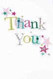 There is a gentle, buoyant joy in this thank-you card, the kind that seems to lift the corners of the room even before the envelope is opened. Across a pristine white field the words 'Thank You' parade in cheerful, varied letterforms: a sunny yellow letter with a soft stitch-like edge, a lively lime green character with a faint polka-dot texture, a cool blue glyph that reads almost like a ribbon, and a silvered letter that catches light with a whisper of glitter. Tiny stars in shades of pink, teal and silvery grey drift and cluster around the sentiment, as if confetti from a small, intimate celebration has settled on the page. The print has a tactile quality - you can imagine the faint raised thread of the stitched flourishes and the minute sparkle on the metallic ink - which gives the card a handcrafted warmth without feeling fussy. Soft, diffused daylight suggests this photograph was taken on a calm morning, the white background absorbing shadows so every colour reads bright and clear. As a florist I picture this tucked into a bright, seasonal bouquet destined for a friend after a pick-me-up visit or left beside a coffee for a neighbour in Bexley Village; the card's lighthearted sincerity pairs especially well with peonies, gerberas or a mixed bunch with fresh greenery. It manages to be both whimsical and earnest - a small, tactile celebration of gratitude that feels personal, upheld by simplicity, and perfectly at home next to a bundle of freshly tied stems heading out into the local streets of Bexley and the surrounding neighbourhoods.
