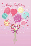Whimsical birthday card illustration showing pastel balloons lifting a small, hand-tied bouquet, presented in a dreamy, storybook style. The background is a smooth blush pink that feels calm and comforting, like a peaceful evening stroll through Bexley's quiet residential streets. Floating in the centre, round and heart-shaped balloons form a cheerful cluster, each decorated with playful designs-candy-striped ribbons, scattered polka dots, and subtle floral patterns that echo the blooms below. Gentle pinks, soft teals, buttery yellows, and hints of lavender create a soothing yet festive palette. The balloons appear to rise from a compact bouquet at the base, giving the impression that the flowers are being carried up into the celebration. The bouquet itself features small roses and daisy-like blossoms in creamy white, blush pink, and muted mauve, their petals drawn with a sense of plush, velvety depth, as if freshly arranged by a local Bexley florist. A violet satin bow wraps the stems, catching the light with a subtle sparkle and adding a final polished touch. Around the composition, tiny stars and fluttering butterflies drift gently, suggesting movement and adding a sprinkle of fairy-tale magic typical of a lovingly chosen birthday card. The overall mood is light, airy, and joy-filled, perfect for sending warm birthday wishes to someone in Bexley, capturing that feeling of opening the door to a surprise delivery and being greeted by colour, charm, and the imagined sweet scent of fresh blooms.
